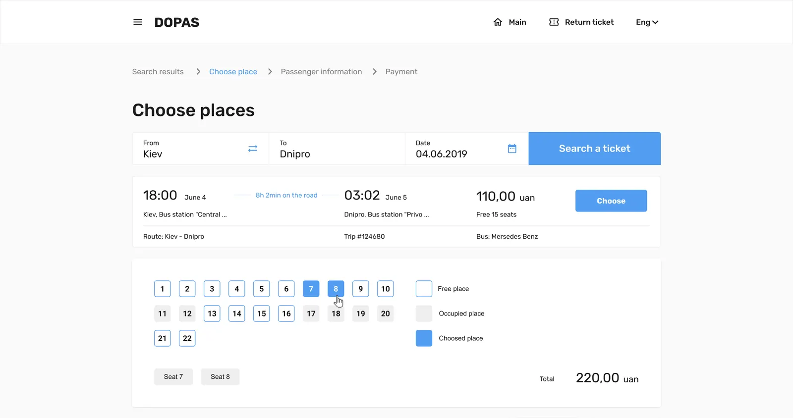 Seat picker: a numbered seat map with free, occupied and chosen states, and a running total