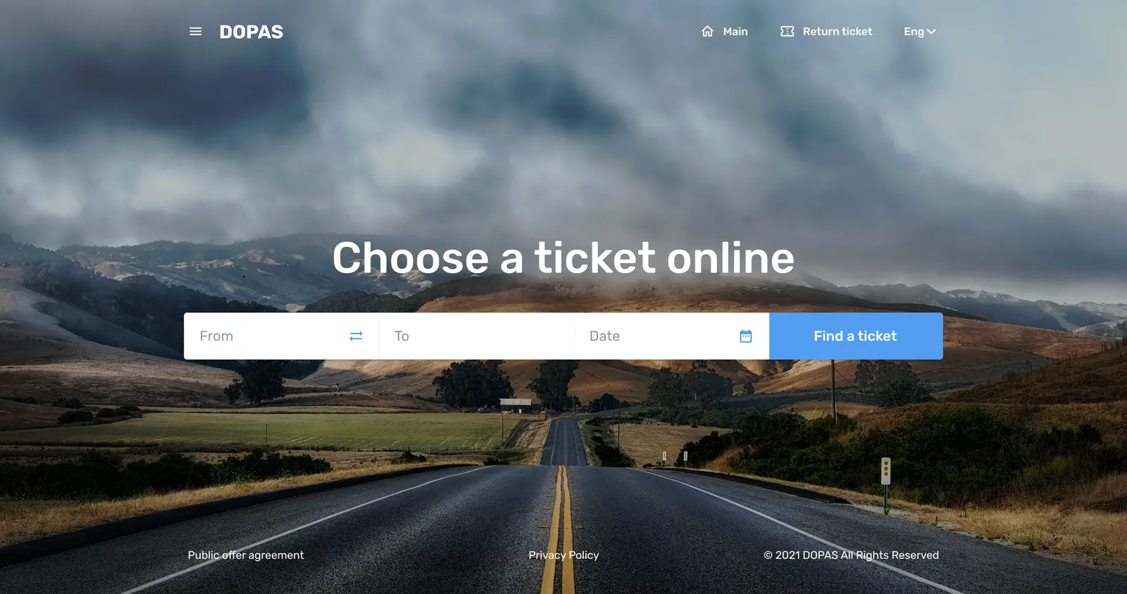 dopas.dp.ua landing page: a from/to/date search over a photograph of a road