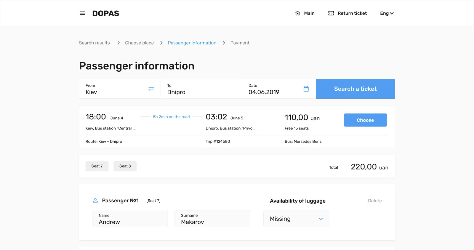Passenger details: name, surname and luggage per seat