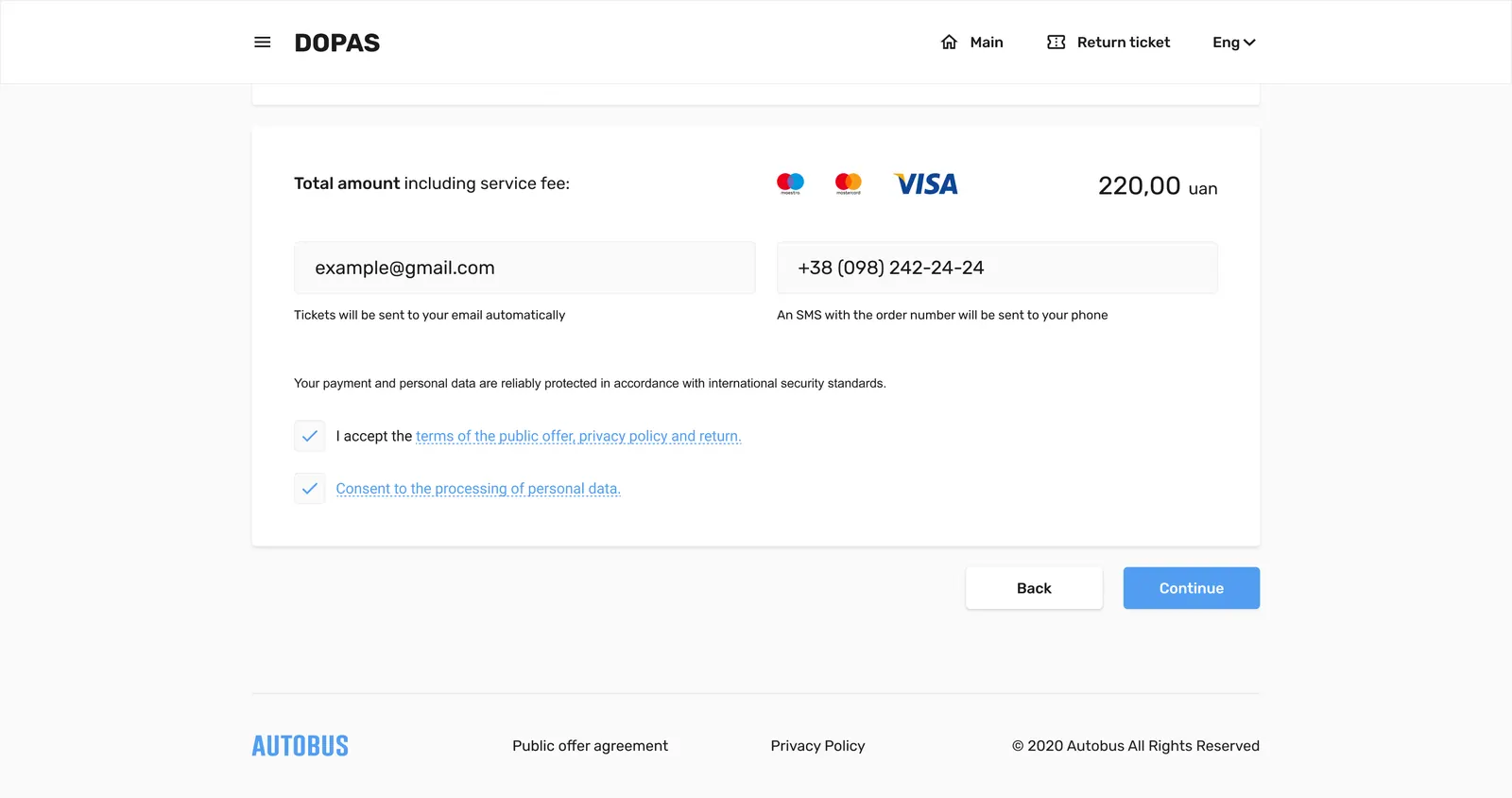 Payment: total including the service fee, card logos, email and phone, and the two consents