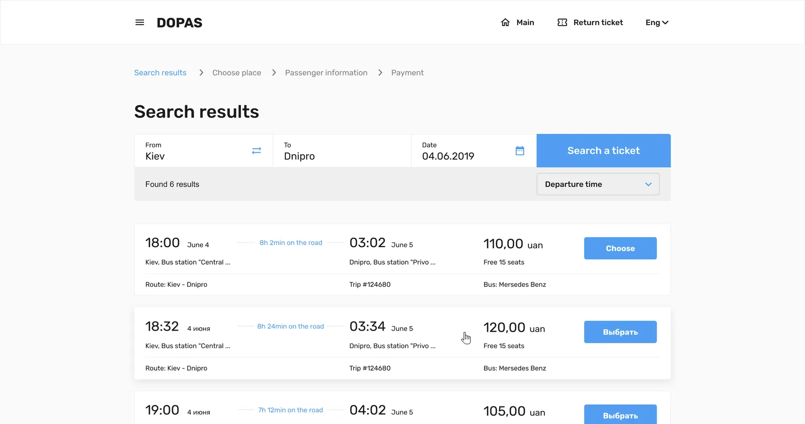 Search results: six departures with times, duration, seats left, price and a Choose button