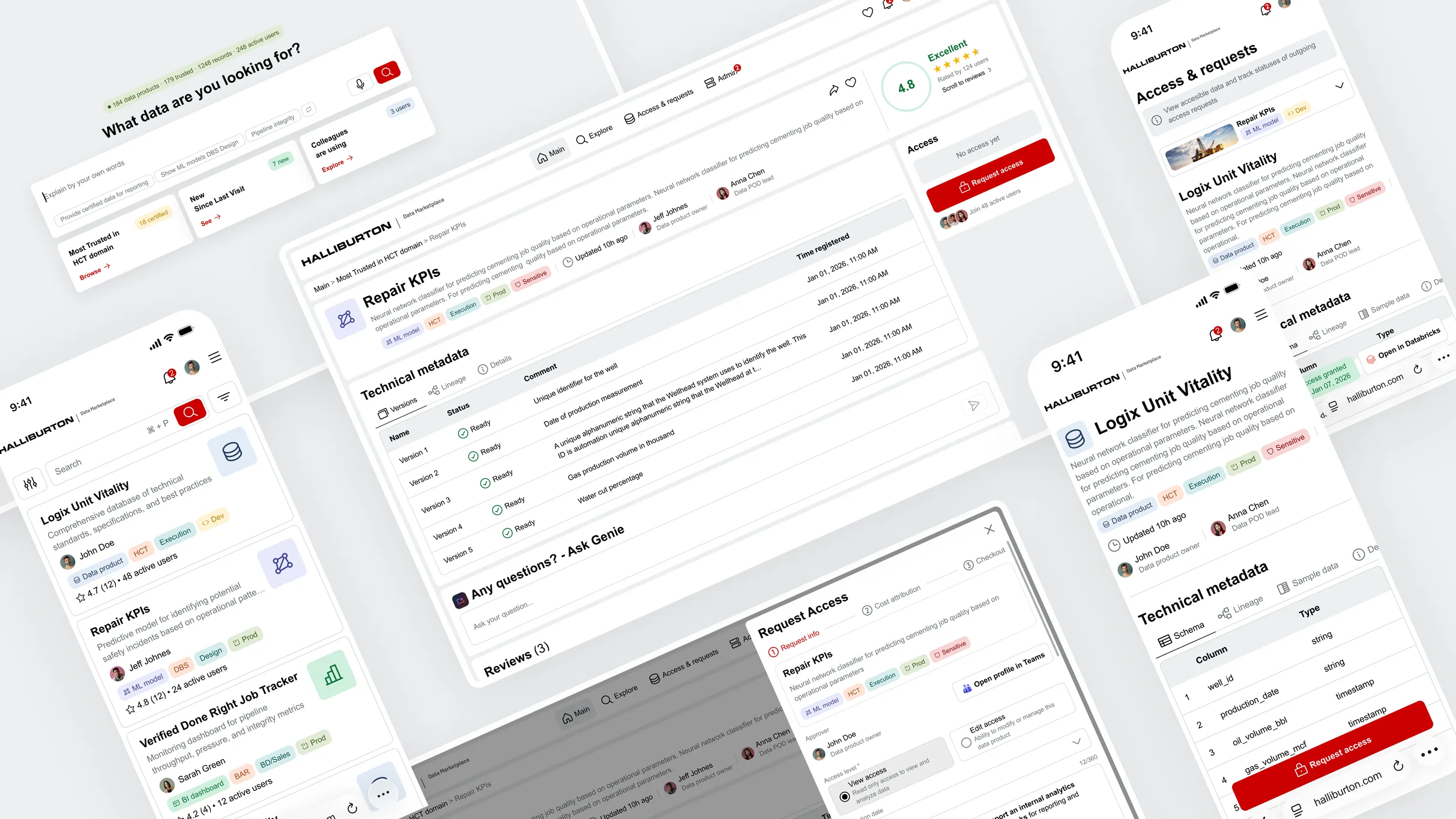Data Marketplace — screens across desktop and mobile