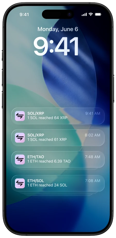iPhone lock screen with four Rebalancer alerts delivered, each naming a pair and the ratio it reached