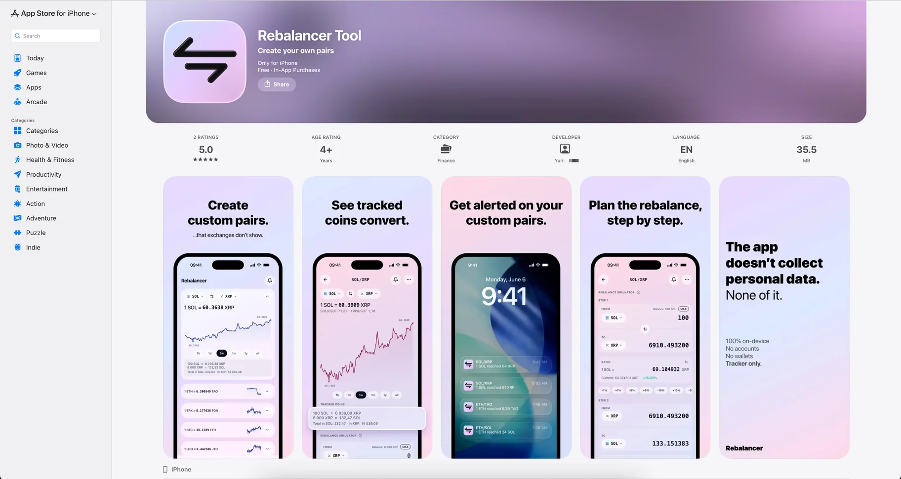 The Rebalancer Tool page on the App Store: icon, the subtitle &ldquo;Create your own pairs&rdquo;, a 5.0 rating, the Finance category, and the five listing cards