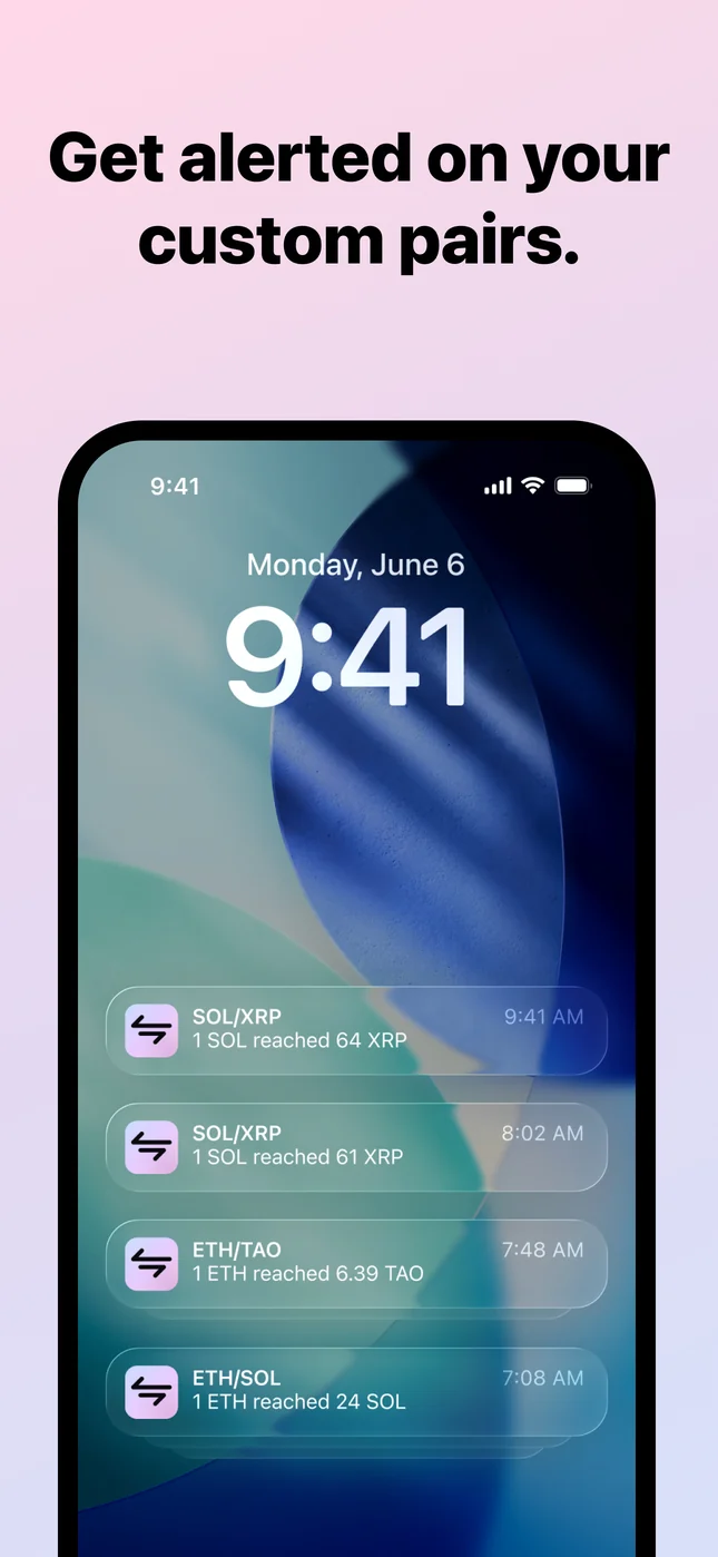 Listing card: “Get alerted on your custom pairs”, over a lock screen of delivered alerts