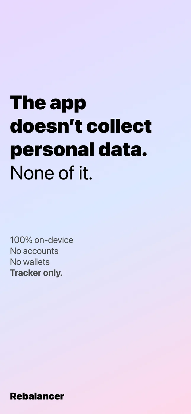 Listing card: the app collects no personal data — on-device, no accounts, no wallets, tracker only